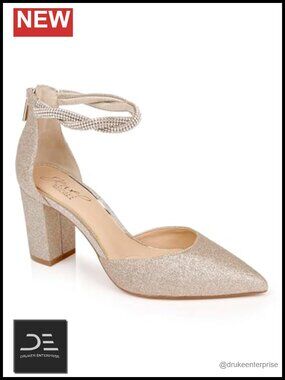 Jewel Badgley Mischka Tinsley Pointed Toe Block Heel Pumps | Gold Glitter Heels